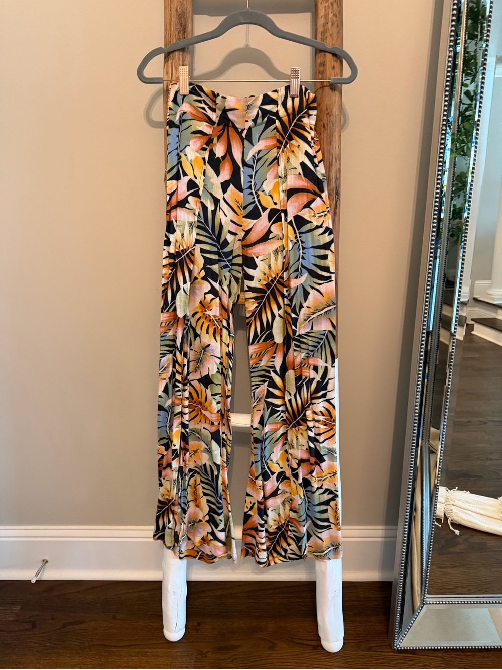 Billabong Wide-Leg Tropical Leaf Print Pants in Black, Orange, Pink, Green